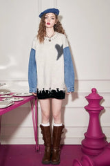 Denim Panel Mid Length Relaxed Sweater