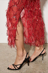 Sequin Fringe Slit Midi Party Skirt