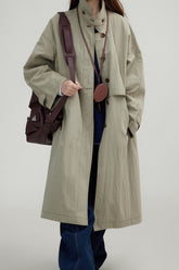 Vintage Stand Collar Wash Long Overcoat