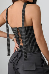Stripe Lace Trim Backless Corset Crop Top