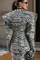 V Neck Zebra Print Two Piece Blazer Skirt Set