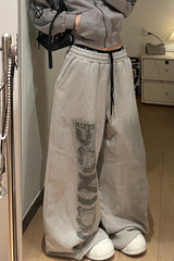 Letter Print Tie Wide Leg Casual Sweat Pants