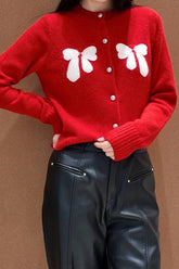 Bow Accent Red Knit Christmas Cardigan