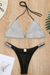Contrast Rhinestone Halter Triangle Bikini Set