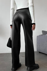 Chic Leather Patchwork Slim Straight Pants