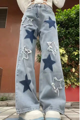 Vintage Star Print Wide Leg Jeans Light Blue / XS