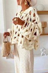 Crochet Knit Hollow Out Pullover Sweater S / Beige