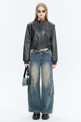 PU Leather Zip Up Bomber Jacket Grey / S