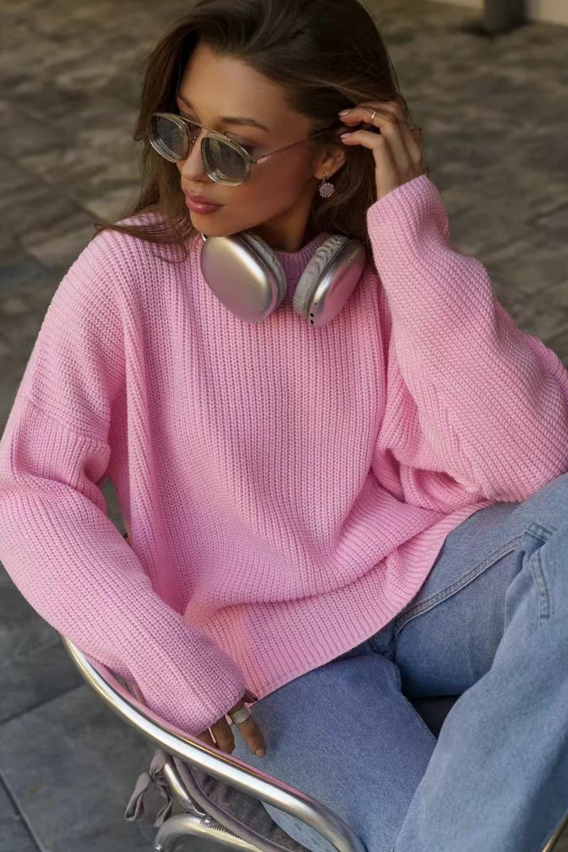 Solid Knit Crewneck Pullover Sweater S / Pink