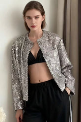 Solid Crew Neck Sequin Tweed Jacket