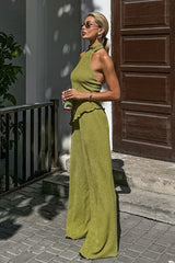 Green Halter Neck Top Pleated Wide Leg Pants Set