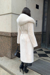 Long Hooded Belted Mink Faux Fur Overcoat