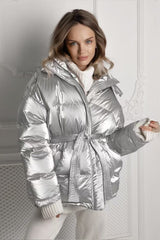 Chic Hooded Belted Quilted Puffer Jacket S / Grey