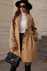 Fur Collar Belted Midi Trench Coat