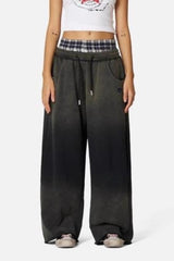 Washed Plaid Patchwork Double Waist Low Rise Pants
