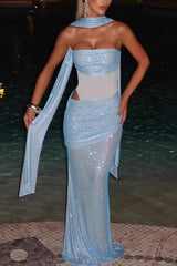 Sequin Sash Strapless Gown Dress