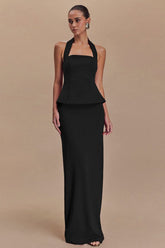 Solid Halter Backless Maxi Formal Dress