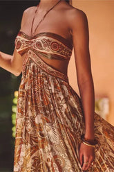 Strapless Lace Up Pleated Boho Dress Brown / S