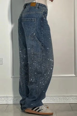 Allover Rhinestone Washed Wide Leg Jeans