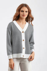 Striped V Neck Buttoned Knit Sweater