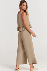 Ruffle Back Button Crop Two Piece Pants Set