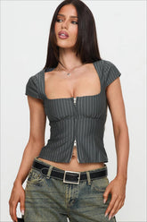 Vintage Square Neck Two Way Zip Stripe Crop Top