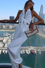 Satin Lapel Tie Front Top High Waist Pants Set