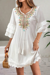 Tassel Pom Pom Ruffle Sleeve Lace Detail Boho Dress