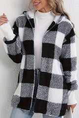 Plaid Fuzzy Hooded Mid Length Coat Black / S