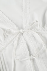 Lace Paneled Ruched Puff Sleeve Tie Blouse