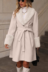 Fur Collar Belted Midi Trench Coat