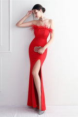 Elegant Feather Trim Strapless Formal Dress