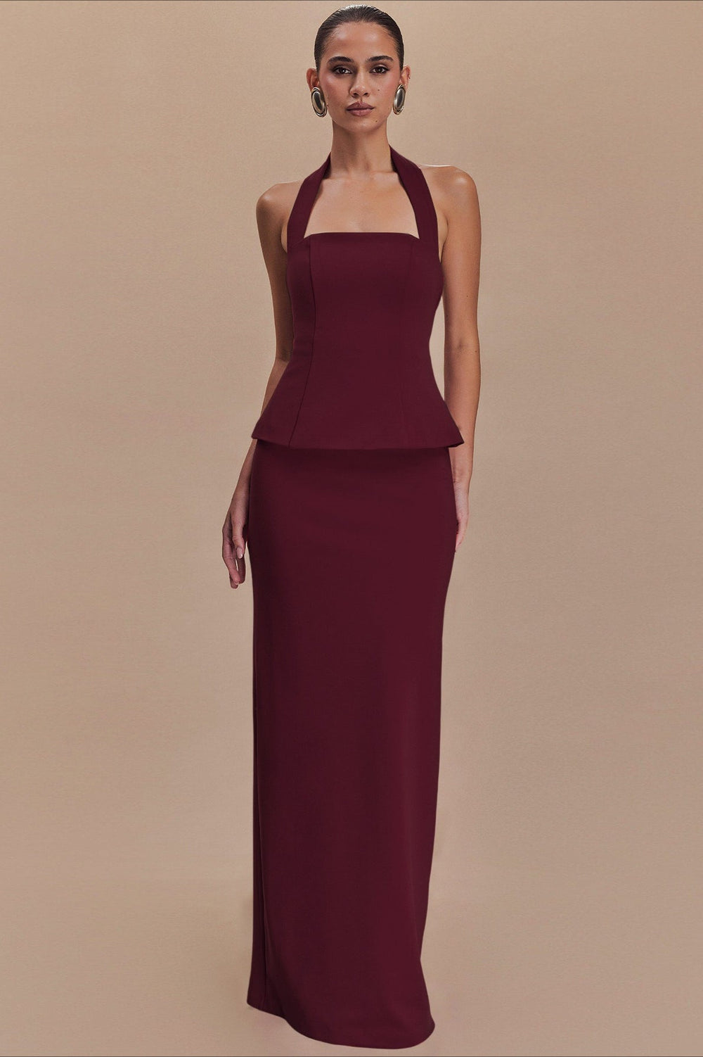 Solid Halter Backless Maxi Formal Dress
