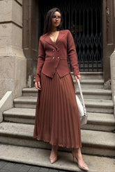 V Neck Double Breasted Knit Blazer Pleated Skirt Set