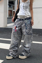 Vintage Leopard Printed Color Block Straight Leg Jeans