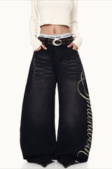 Letter Printed Slouchy Wide Leg Versatile Jeans