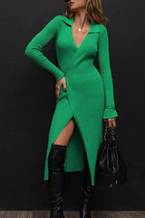 Belted Long Sleeve Solid Knit Sweater Dress