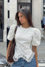 White Lace Trim Ruched Waist Puff Sleeve Blouse
