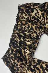 Off Shoulder Flared Long Sleeve Leopard Crop Top Shorts Set