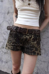 Leopard Print High Waist Wide Leg Denim Casual Shorts