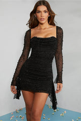 Sequined Beaded Square Neck Long Sleeve Bodycon Party Dress