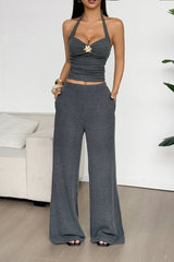 Solid Color Halter Tank Top Straight Leg Pants Set