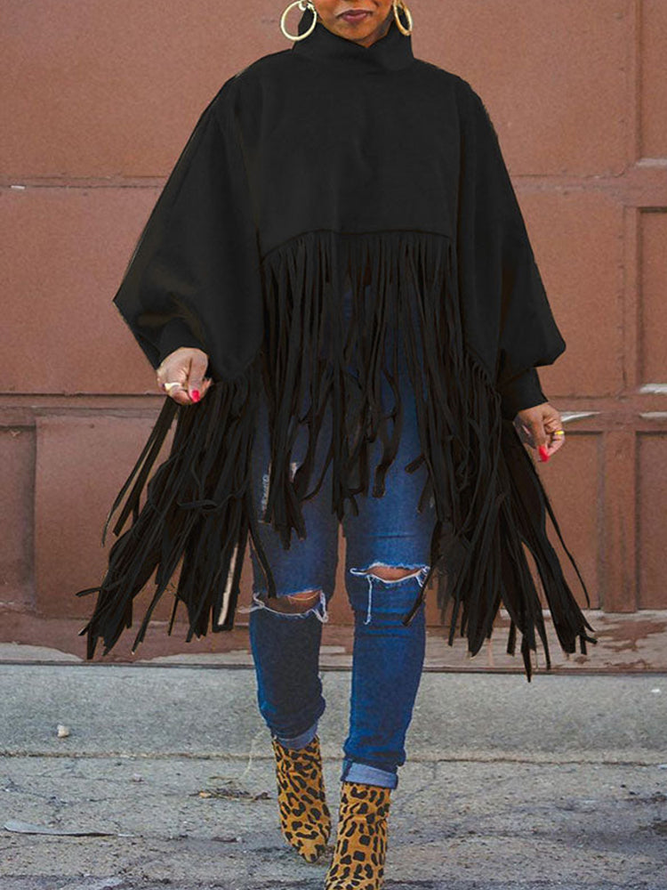 Solid Fringed Suede Top Black / L Sweatshirts & Hoodies L