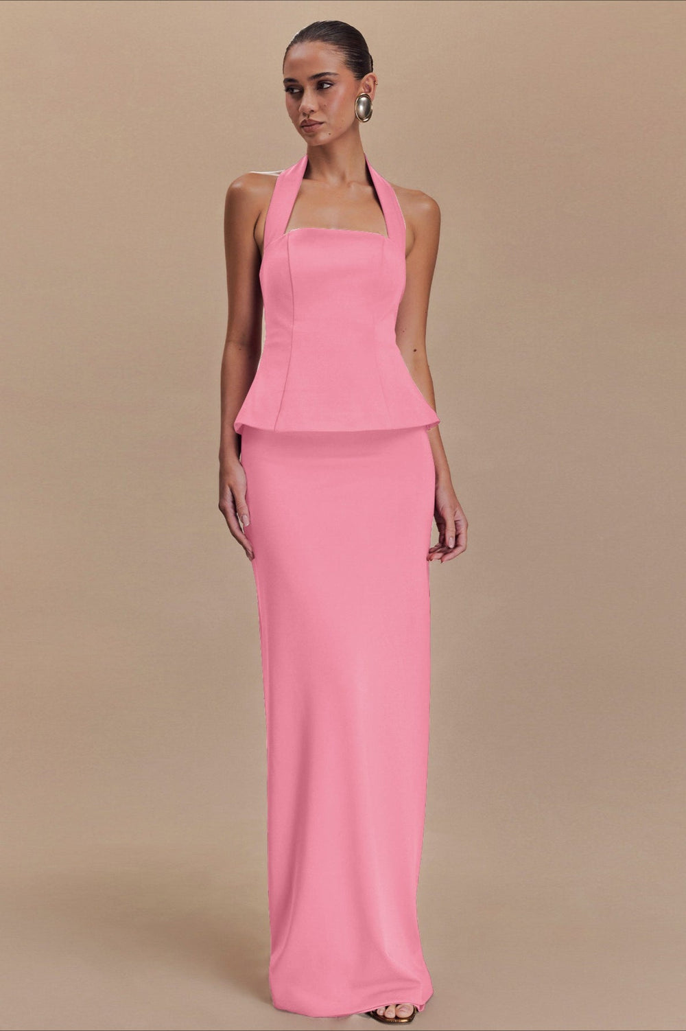 Solid Halter Backless Maxi Formal Dress