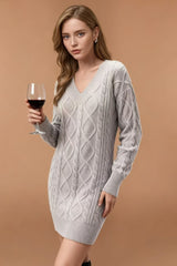 V-Neck Cable Knit Sweater Dress