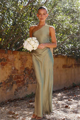 Satin Asymmetrical Shoulder High Slit Slim Fit Elegant Prom Dress