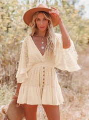 Lace V Neck Ruffle Mini Boho Dress Beige / S