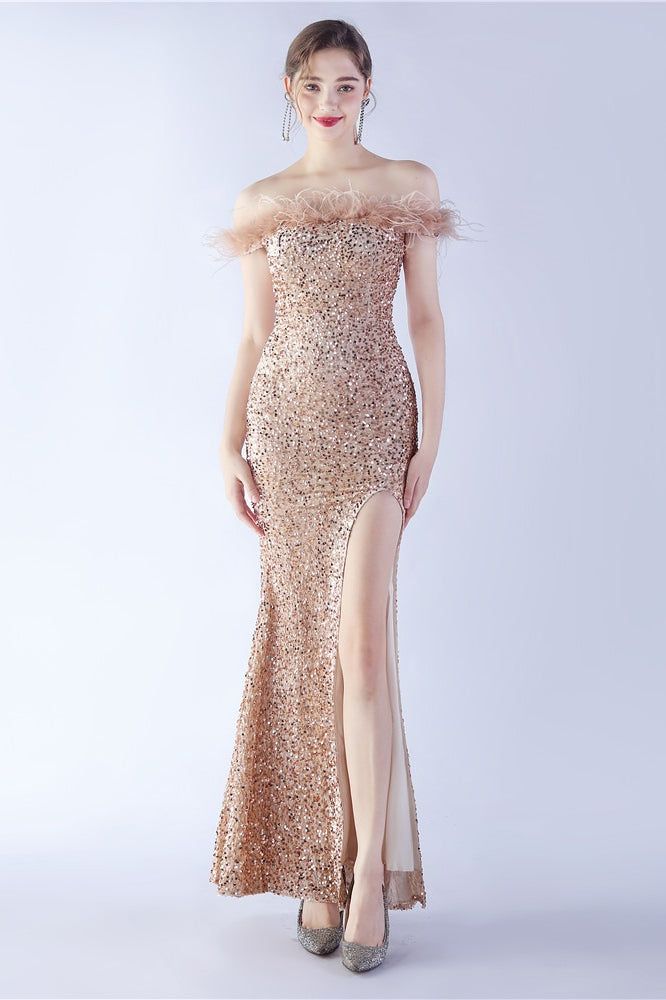 Velvet Sequin Ostrich Feather Off Shoulder Formal Dress S / Gold