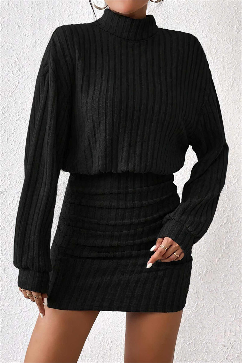 Slim Fit Ribbed Knit Sweater Dress S / Black