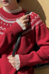 Fair Isle Pattern Loose Crew Neck Color Block Minimalist Sweater